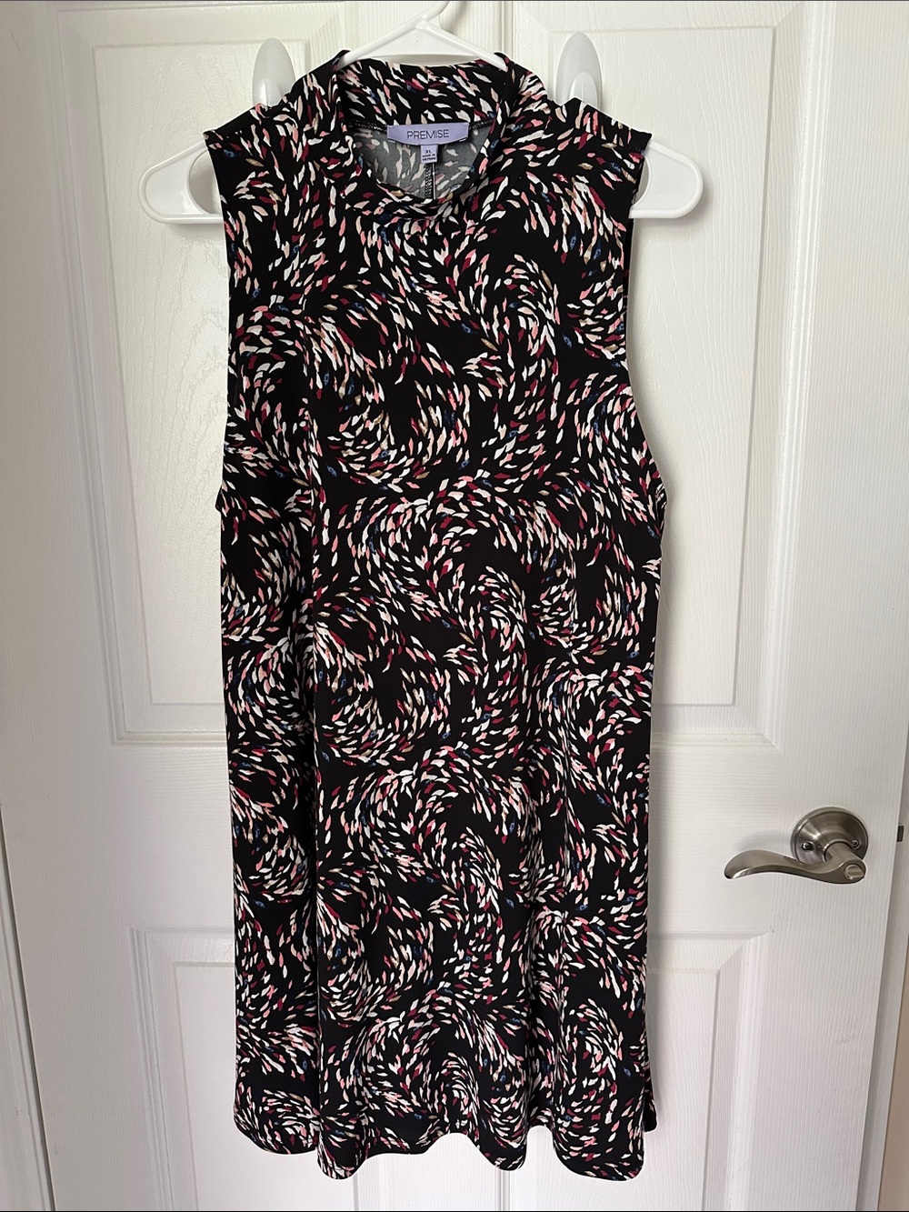 NEW!  Premise Black Midi Dress with Pink & White Swirl Print